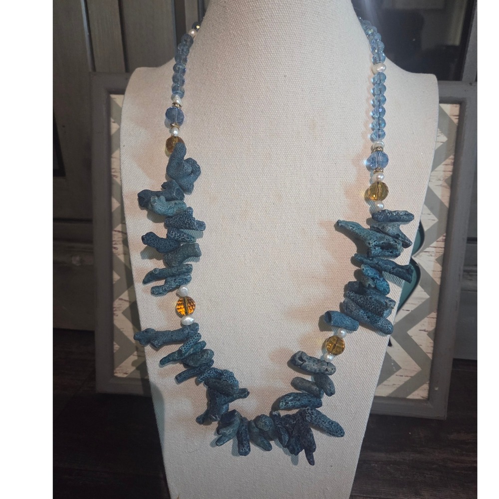 Blue Sea Sponge Coral Branch Necklace with Pearls and Glass Beads Coastal Boho